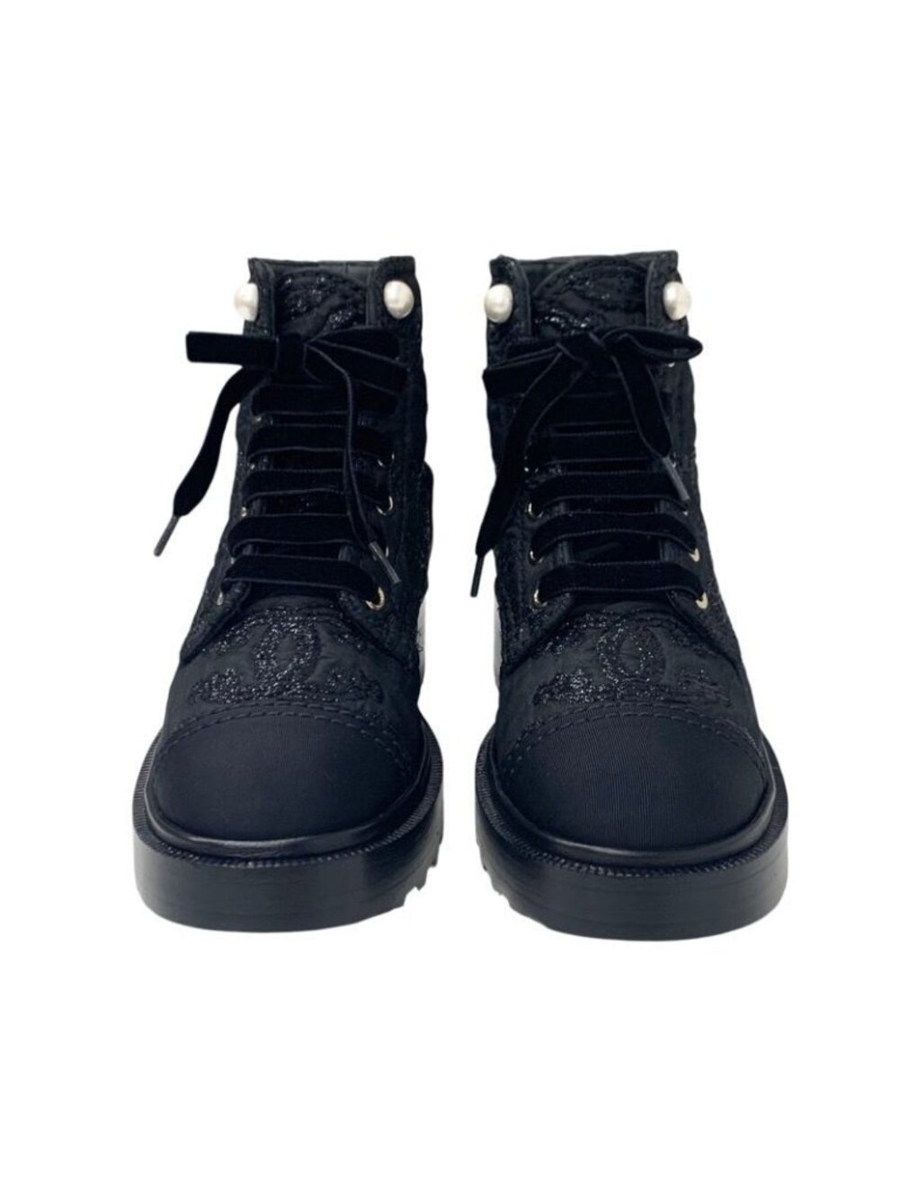 Chanel Boots Short Shoes Fabric Black Coco Mark Lace Up Pearl - Picture 3 of 10
